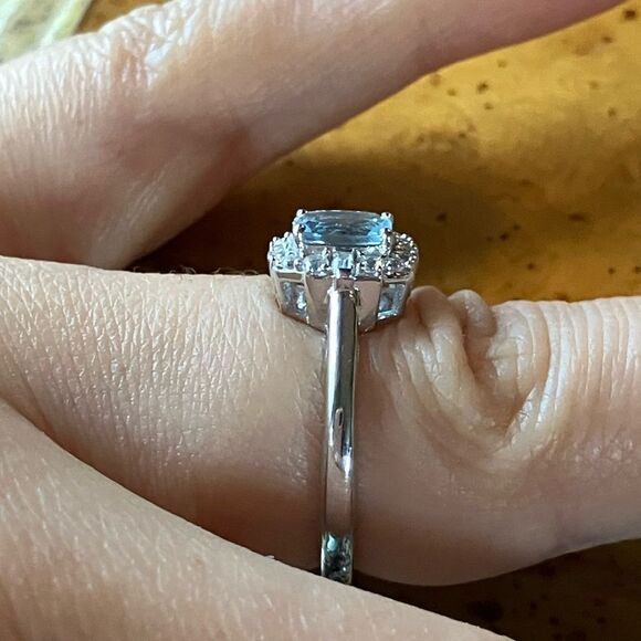 Natural Aquamarine Sterling Silver Halo Ring Size 6 - Picture 3 of 9